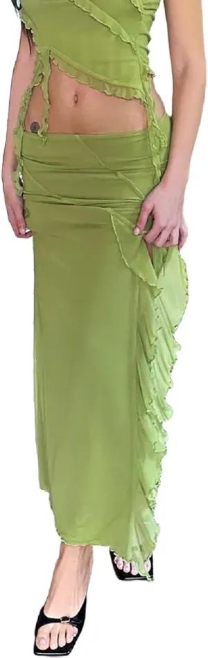 Women Summer Ruffle Trim Long Skirts Boho Mesh Floral Asymmetrical Swing High Low Beach Cover Up Midi Skirt with Slit