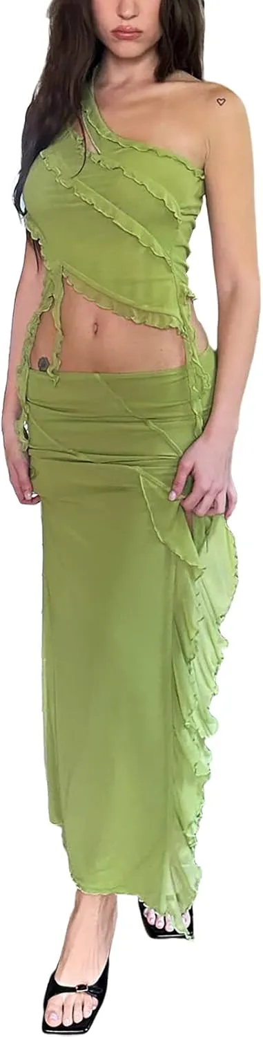 Women Summer Ruffle Trim Long Skirts Boho Mesh Floral Asymmetrical Swing High Low Beach Cover Up Midi Skirt with Slit