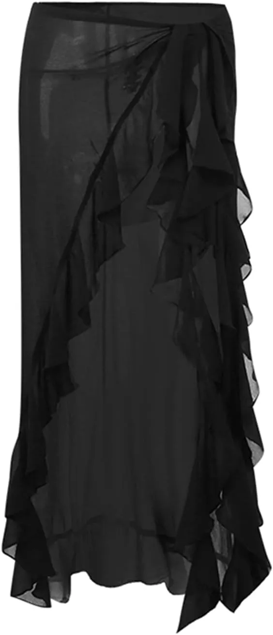 Women Summer Ruffle Trim Long Skirts Boho Mesh Floral Asymmetrical Swing High Low Beach Cover Up Midi Skirt with Slit