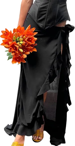 Women Summer Ruffle Trim Long Skirts Boho Mesh Floral Asymmetrical Swing High Low Beach Cover Up Midi Skirt with Slit