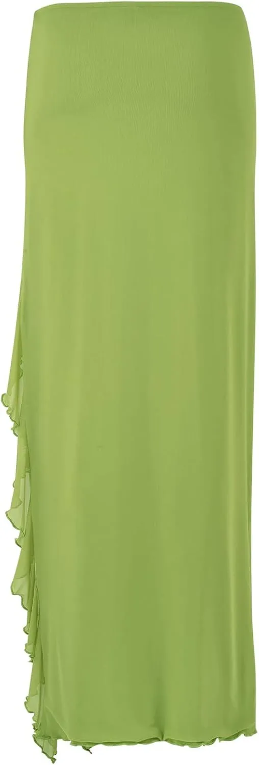 Women Summer Ruffle Trim Long Skirts Boho Mesh Floral Asymmetrical Swing High Low Beach Cover Up Midi Skirt with Slit
