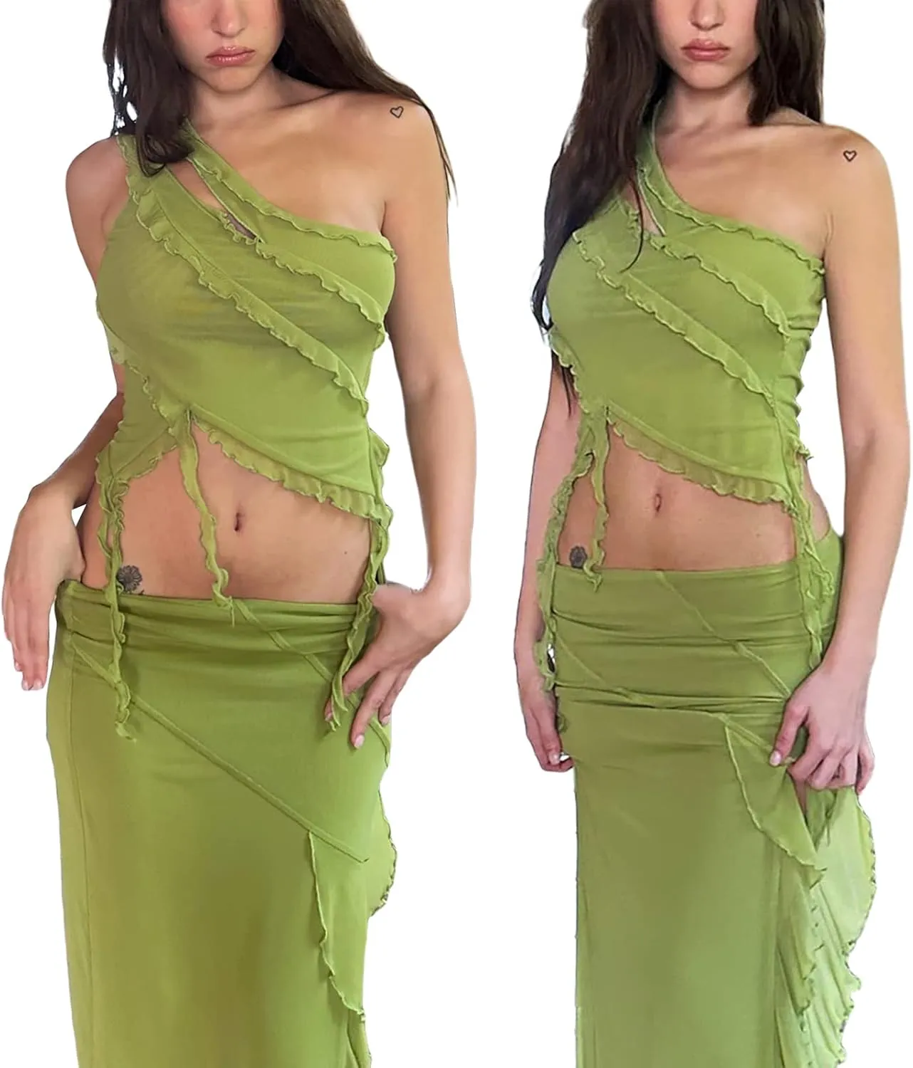 Women Summer Ruffle Trim Long Skirts Boho Mesh Floral Asymmetrical Swing High Low Beach Cover Up Midi Skirt with Slit