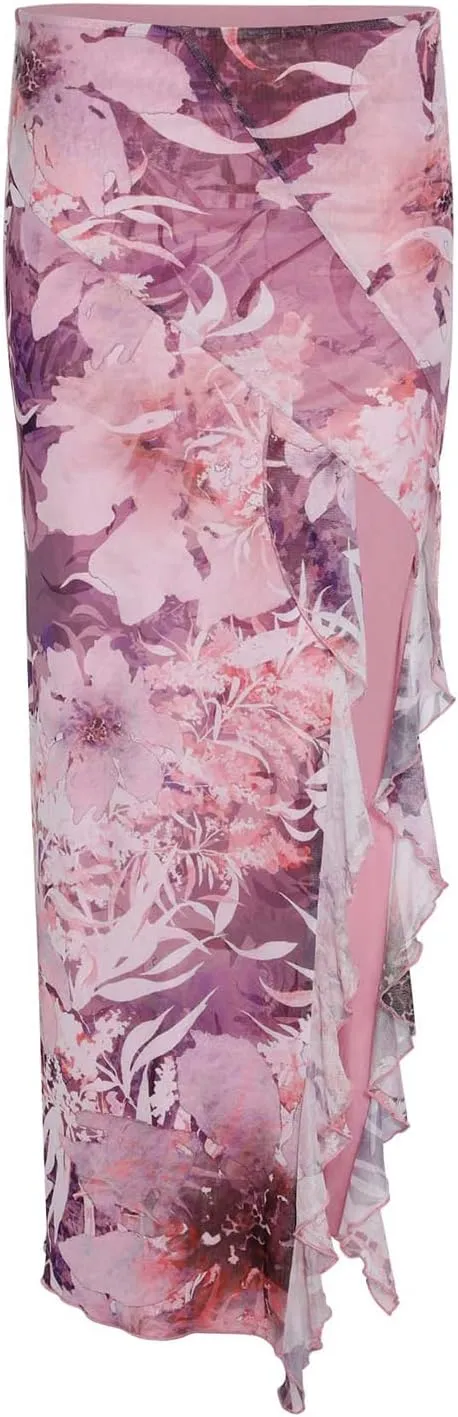 Women Summer Ruffle Trim Long Skirts Boho Mesh Floral Asymmetrical Swing High Low Beach Cover Up Midi Skirt with Slit