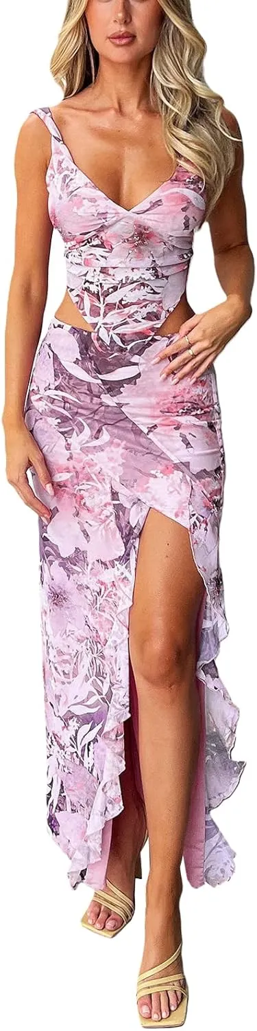 Women Summer Ruffle Trim Long Skirts Boho Mesh Floral Asymmetrical Swing High Low Beach Cover Up Midi Skirt with Slit