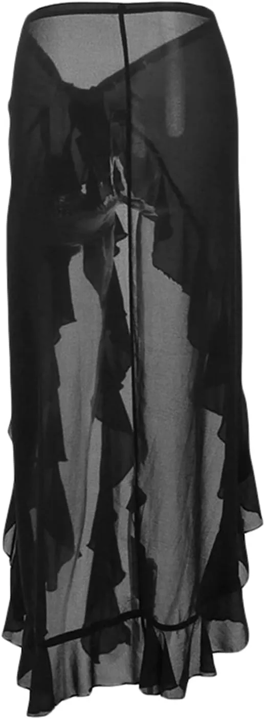 Women Summer Ruffle Trim Long Skirts Boho Mesh Floral Asymmetrical Swing High Low Beach Cover Up Midi Skirt with Slit