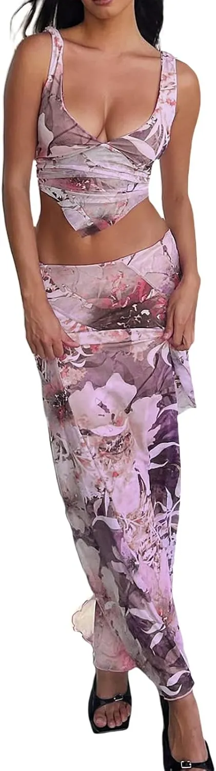 Women Summer Ruffle Trim Long Skirts Boho Mesh Floral Asymmetrical Swing High Low Beach Cover Up Midi Skirt with Slit