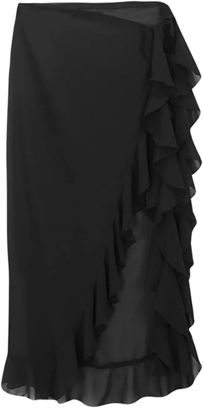 Women Summer Ruffle Trim Long Skirts Boho Mesh Floral Asymmetrical Swing High Low Beach Cover Up Midi Skirt with Slit