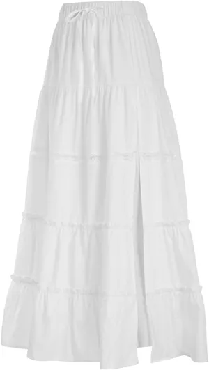 Women Tiered Long Skirts Drawstring Elastic Waist Solid Color Ruched Midi Skirts Side Split Skirts