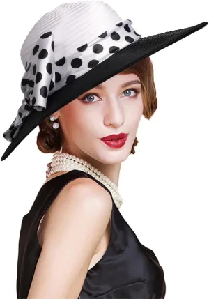 Women Wide Brim Rose Black Patchwork Kentucky Hat for Wedding Party Hat Big Bowknot Polka Dots Fedora Hats