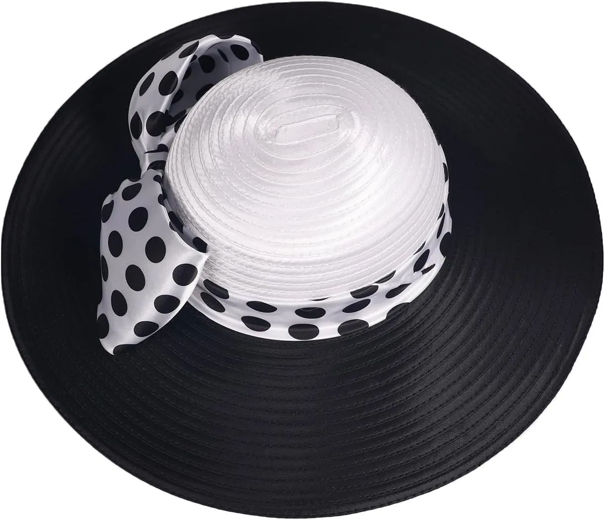 Women Wide Brim Rose Black Patchwork Kentucky Hat for Wedding Party Hat Big Bowknot Polka Dots Fedora Hats