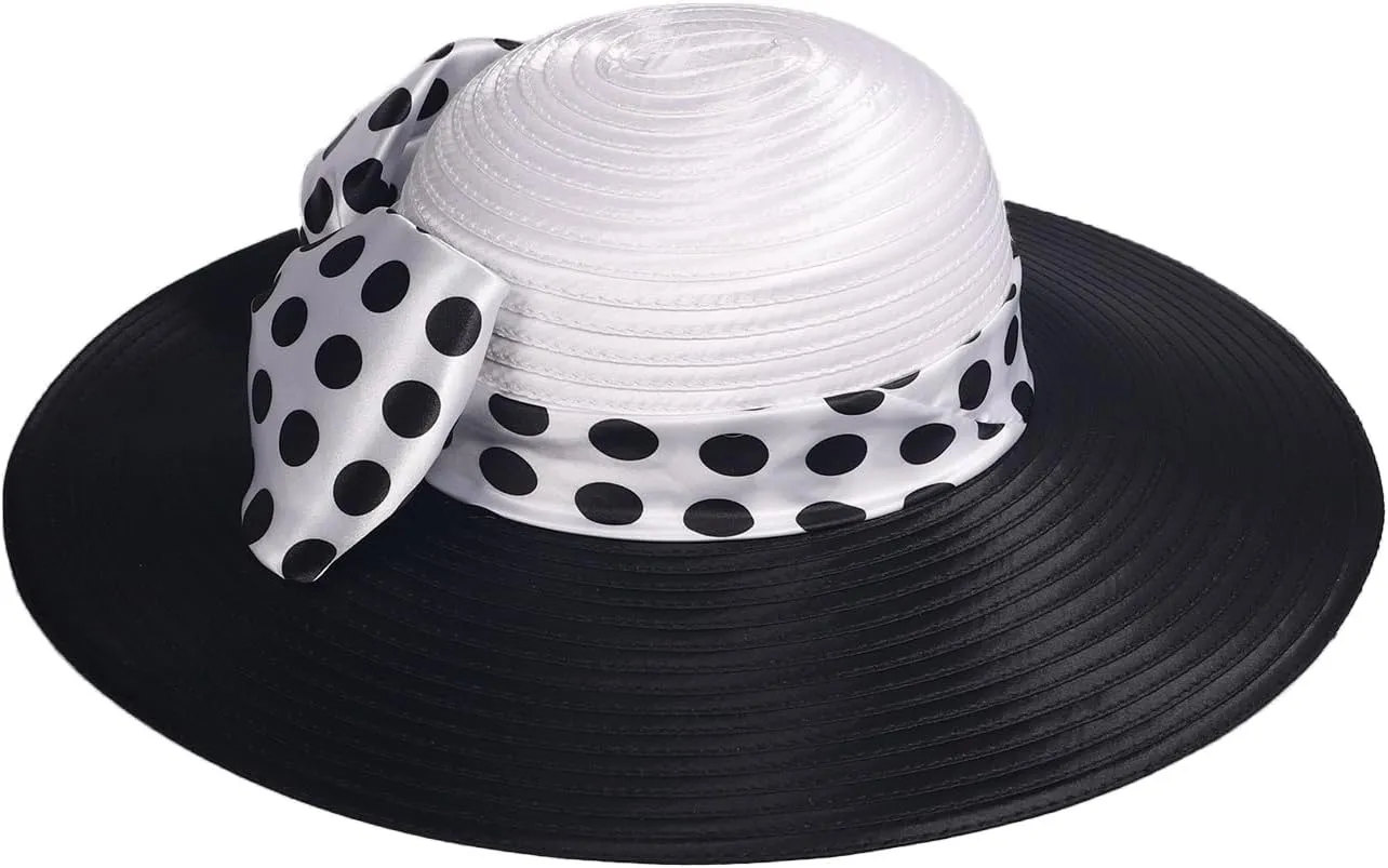Women Wide Brim Rose Black Patchwork Kentucky Hat for Wedding Party Hat Big Bowknot Polka Dots Fedora Hats