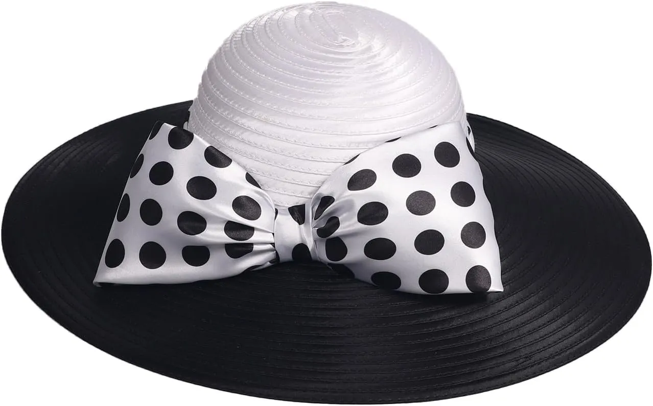 Women Wide Brim Rose Black Patchwork Kentucky Hat for Wedding Party Hat Big Bowknot Polka Dots Fedora Hats
