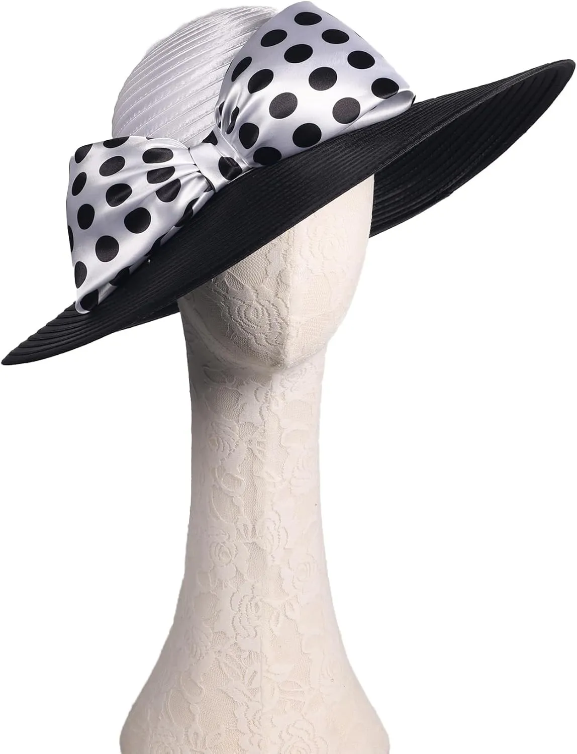 Women Wide Brim Rose Black Patchwork Kentucky Hat for Wedding Party Hat Big Bowknot Polka Dots Fedora Hats