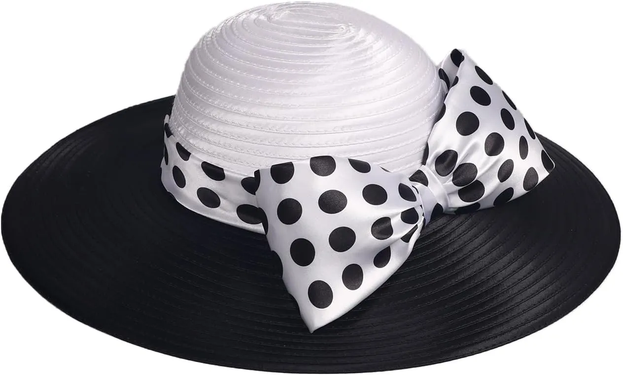 Women Wide Brim Rose Black Patchwork Kentucky Hat for Wedding Party Hat Big Bowknot Polka Dots Fedora Hats