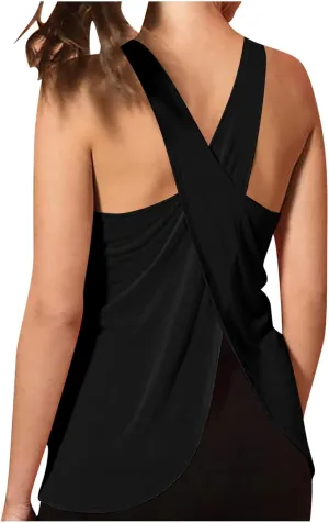 Women Workout Tank Top Criss Cross Open Back Athletic Yoga Shirt Exercise Fitness Sleeveless Tunics Loose Activewear