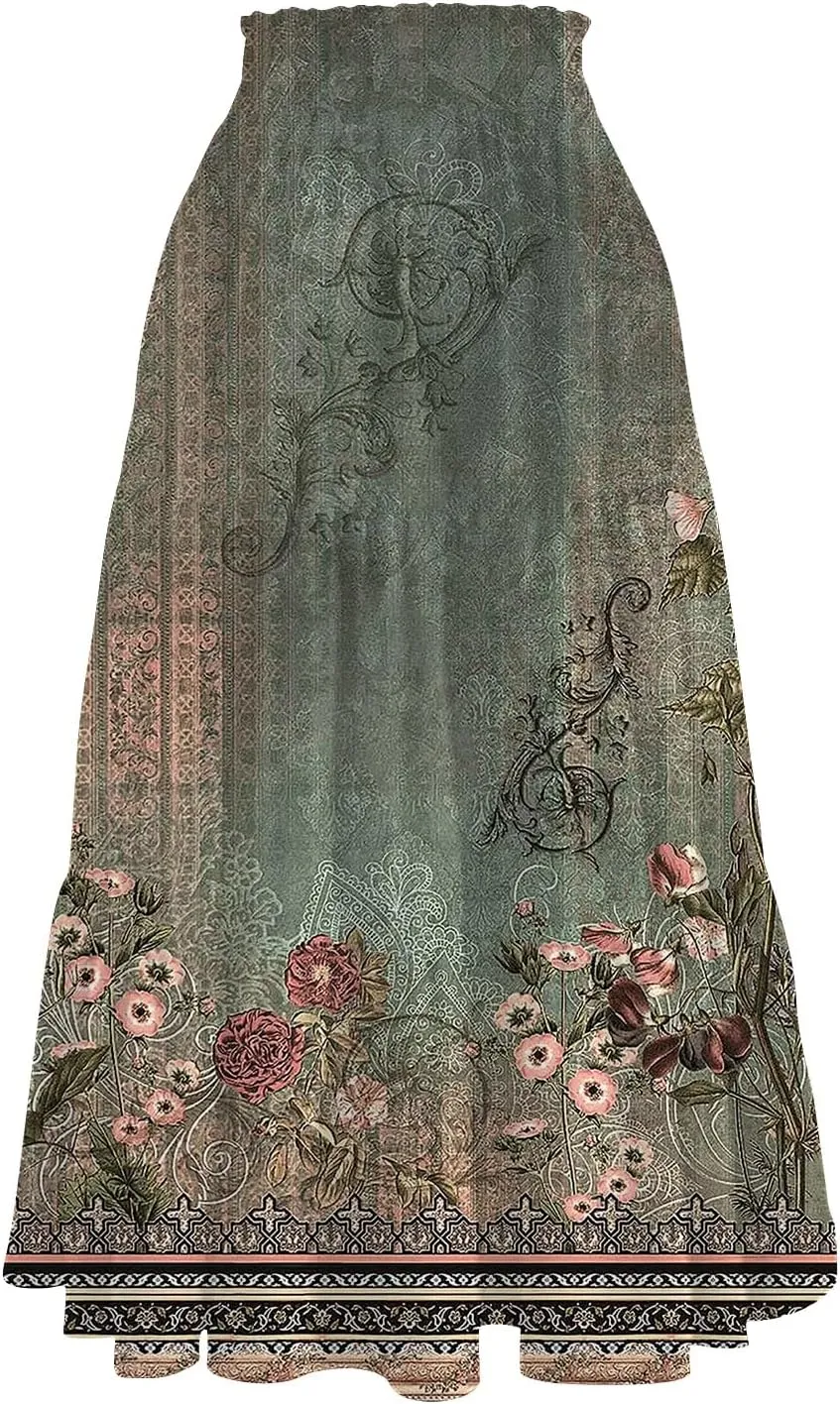 Women's 2025 Summer Bohemian Elastic Waist Gradient Flared A Line Midi Skirt with Pockets, S-2XL