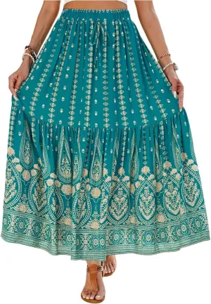 Women's 2025 Summer Bohemian Elastic Waist tie Floral Printed A Line Maxi Skirt, S-XL