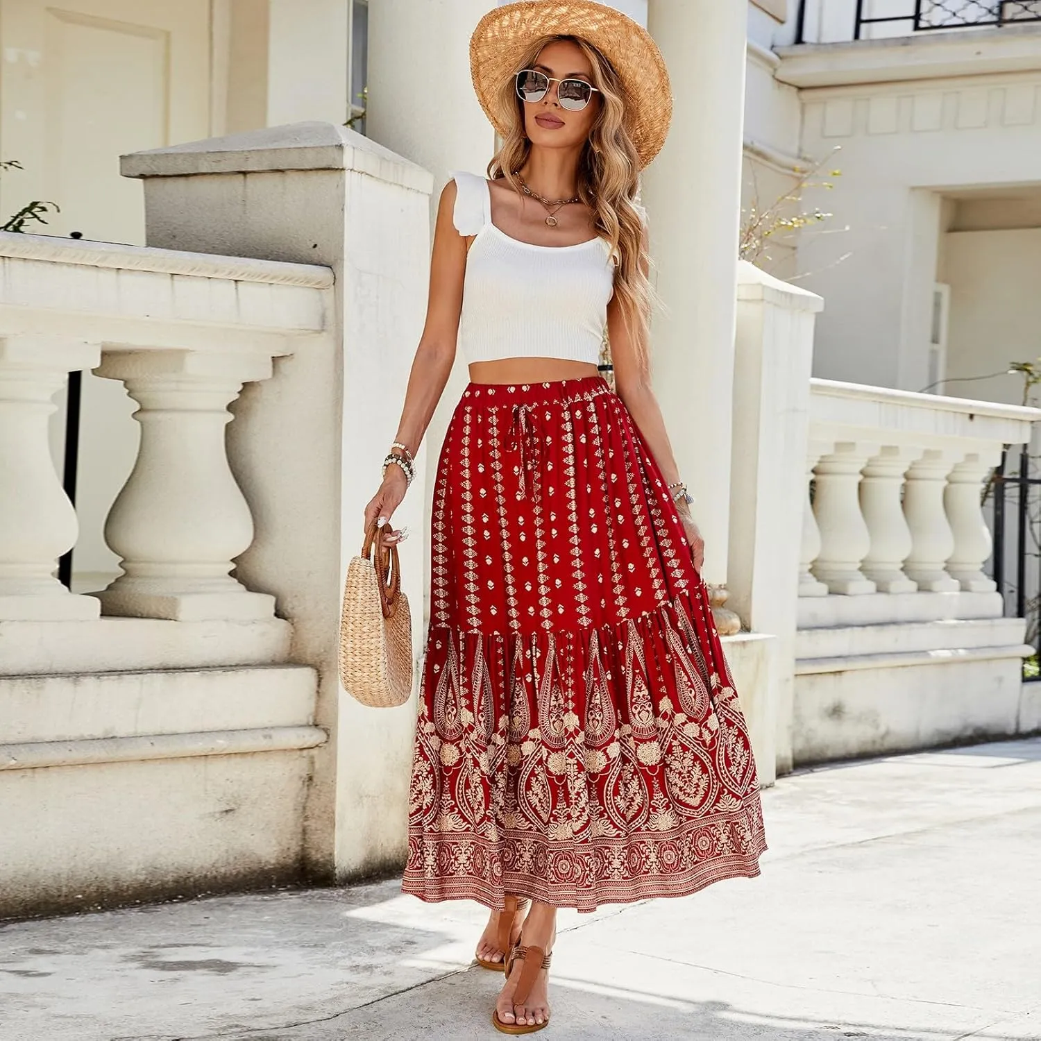 Women's 2025 Summer Bohemian Elastic Waist tie Floral Printed A Line Maxi Skirt, S-XL
