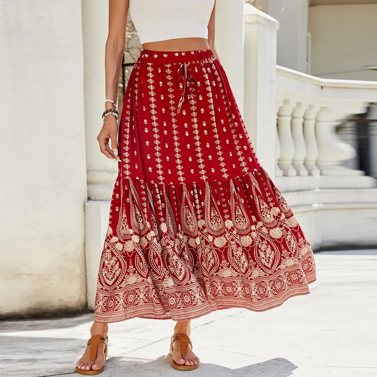 Women's 2025 Summer Bohemian Elastic Waist tie Floral Printed A Line Maxi Skirt, S-XL