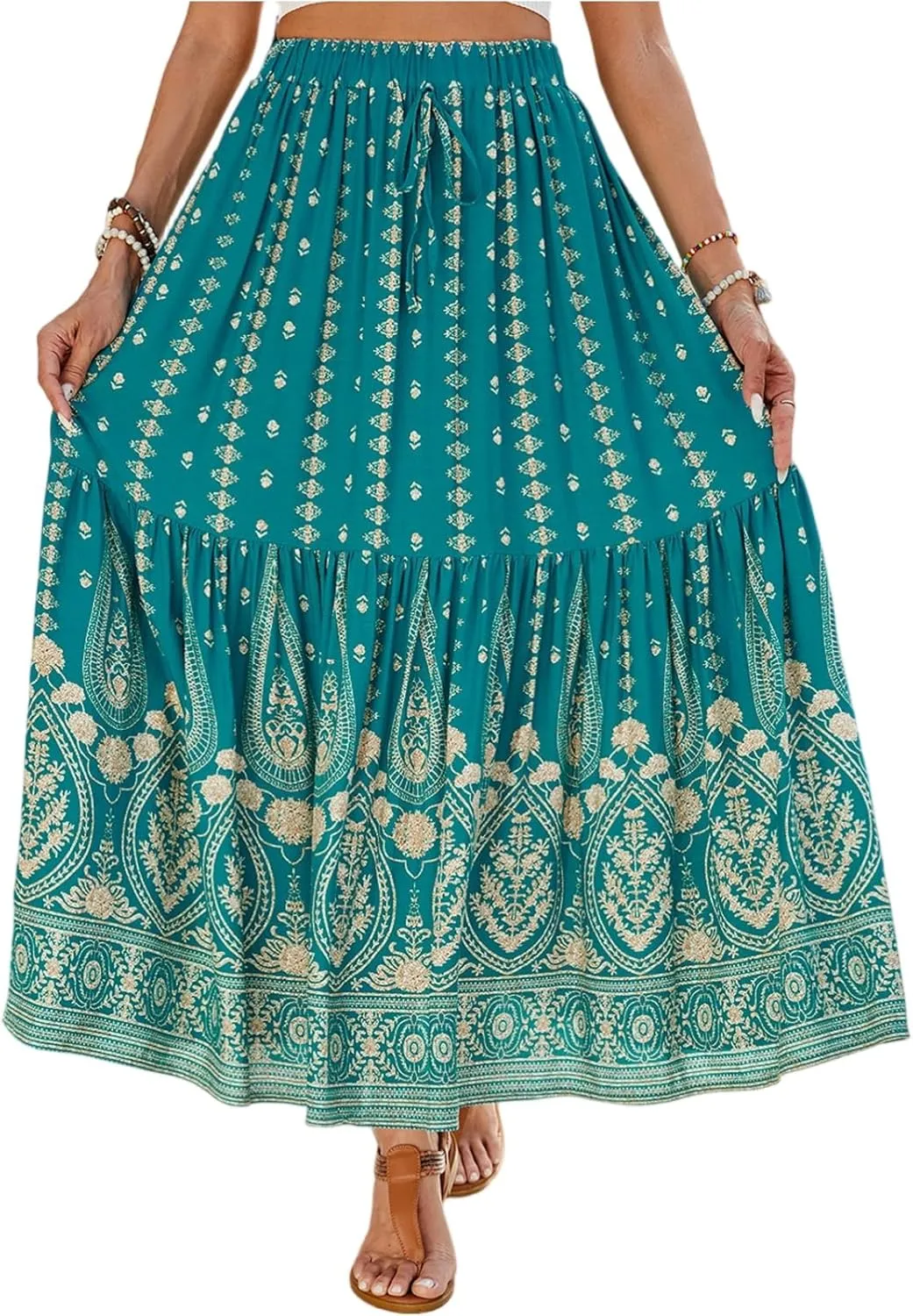 Women's 2025 Summer Bohemian Elastic Waist tie Floral Printed A Line Maxi Skirt, S-XL