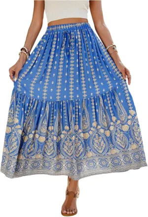 Women's 2025 Summer Bohemian Elastic Waist tie Floral Printed A Line Maxi Skirt, S-XL
