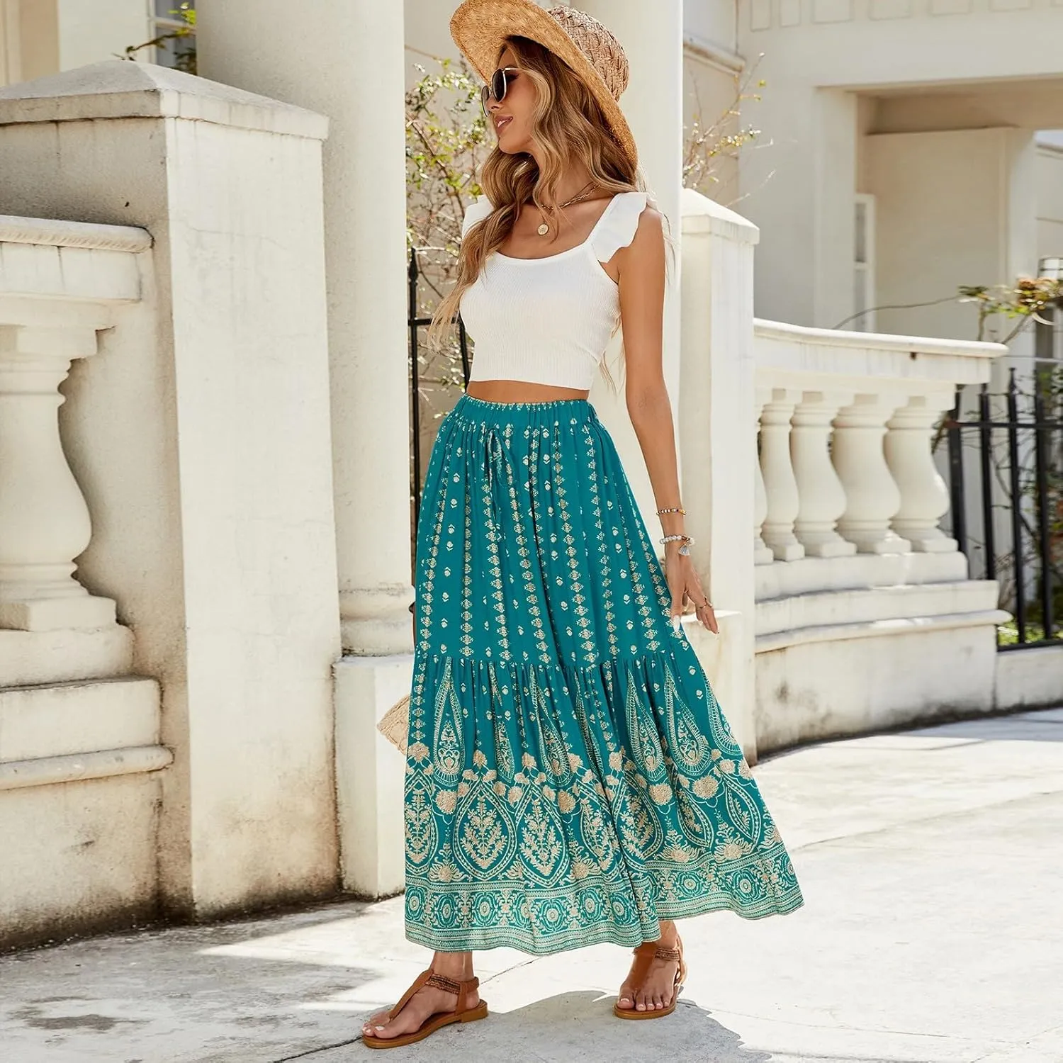 Women's 2025 Summer Bohemian Elastic Waist tie Floral Printed A Line Maxi Skirt, S-XL