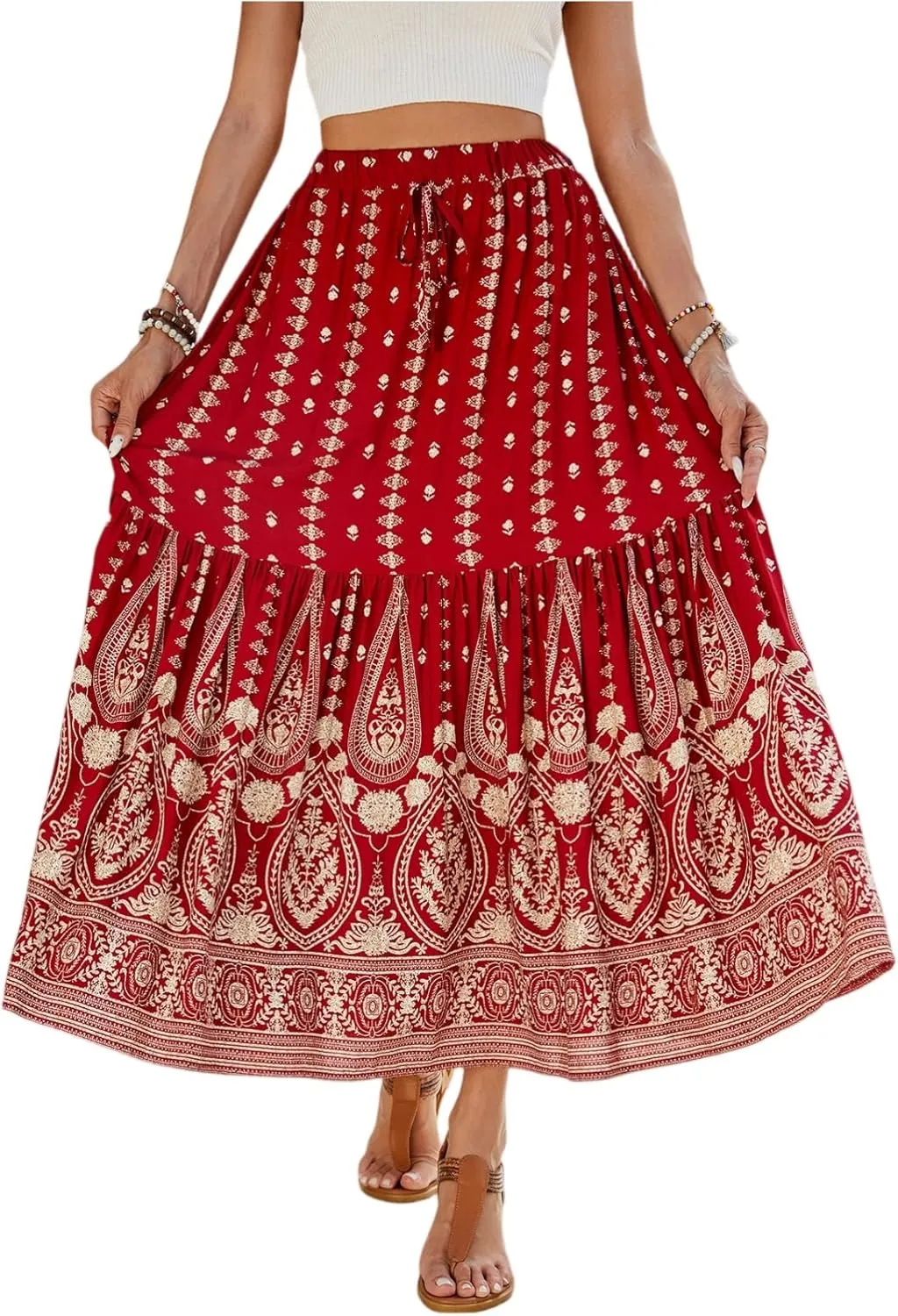 Women's 2025 Summer Bohemian Elastic Waist tie Floral Printed A Line Maxi Skirt, S-XL