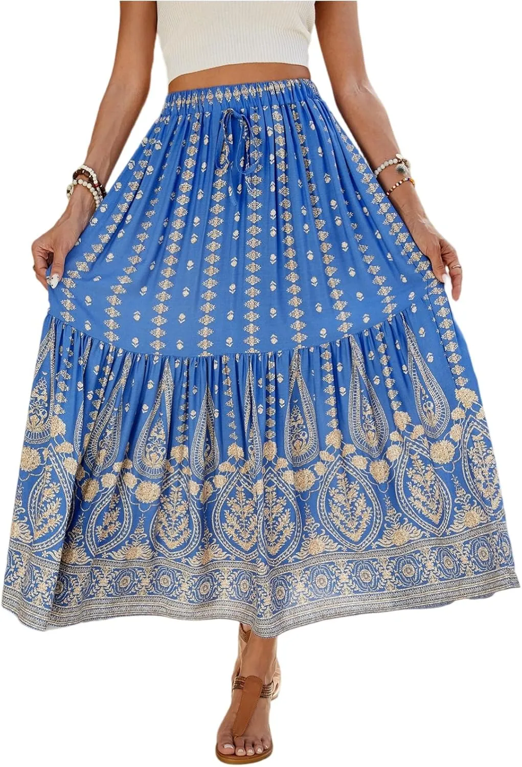 Women's 2025 Summer Bohemian Elastic Waist tie Floral Printed A Line Maxi Skirt, S-XL