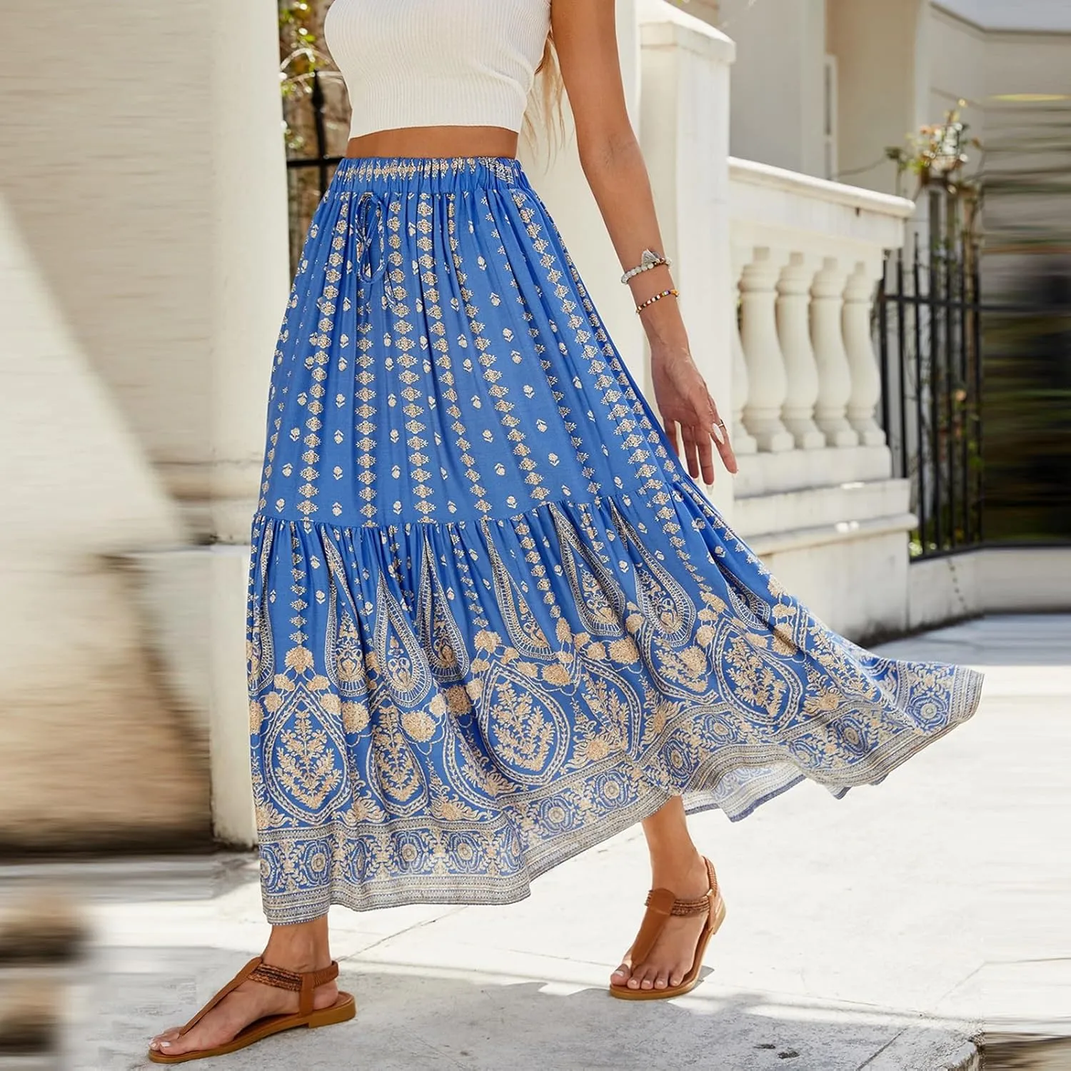 Women's 2025 Summer Bohemian Elastic Waist tie Floral Printed A Line Maxi Skirt, S-XL