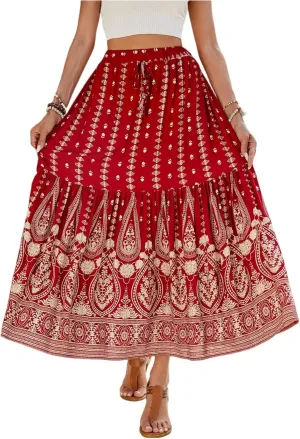 Women's 2025 Summer Bohemian Elastic Waist tie Floral Printed A Line Maxi Skirt, S-XL