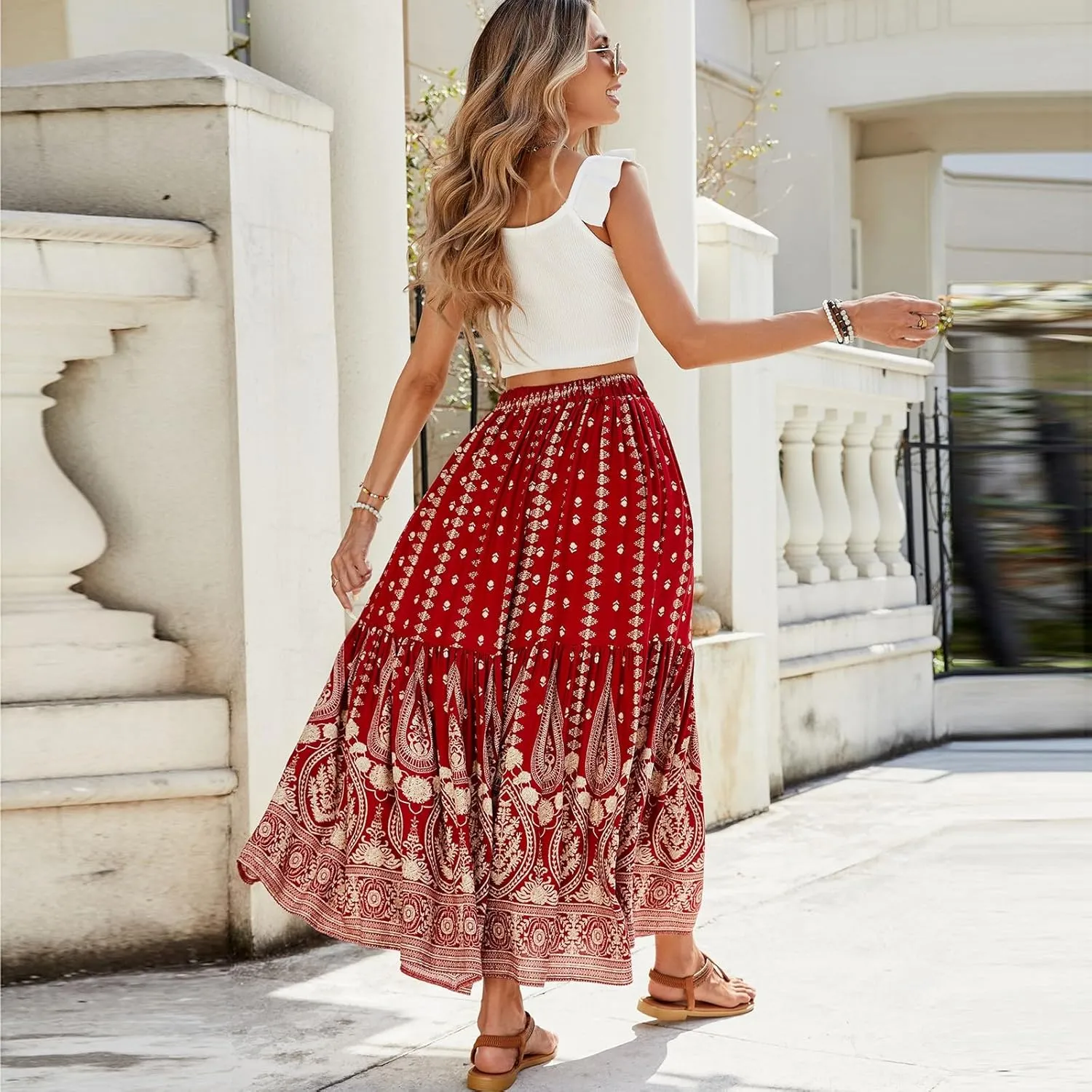 Women's 2025 Summer Bohemian Elastic Waist tie Floral Printed A Line Maxi Skirt, S-XL