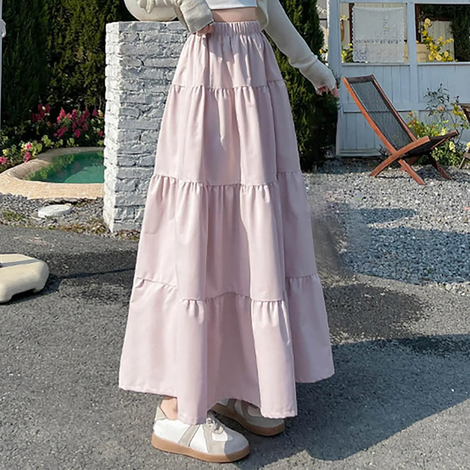 Women's 2025 Summer Boho Skirt Elastic High Waist Pleated A-Line Flowy Ruffle Swing Tiered Long Vacation Beach Skirt