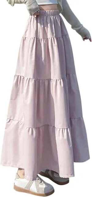 Women's 2025 Summer Boho Skirt Elastic High Waist Pleated A-Line Flowy Ruffle Swing Tiered Long Vacation Beach Skirt
