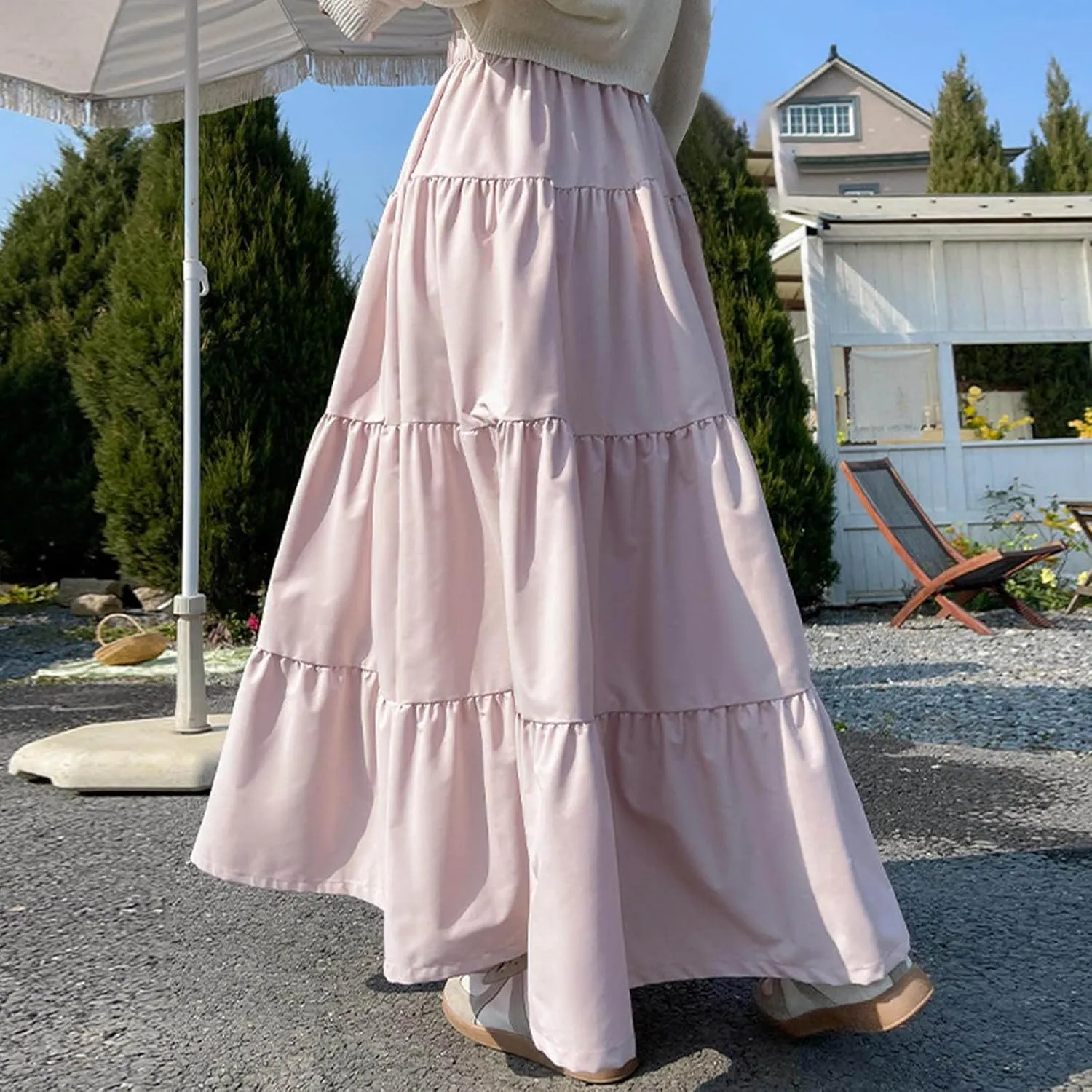 Women's 2025 Summer Boho Skirt Elastic High Waist Pleated A-Line Flowy Ruffle Swing Tiered Long Vacation Beach Skirt