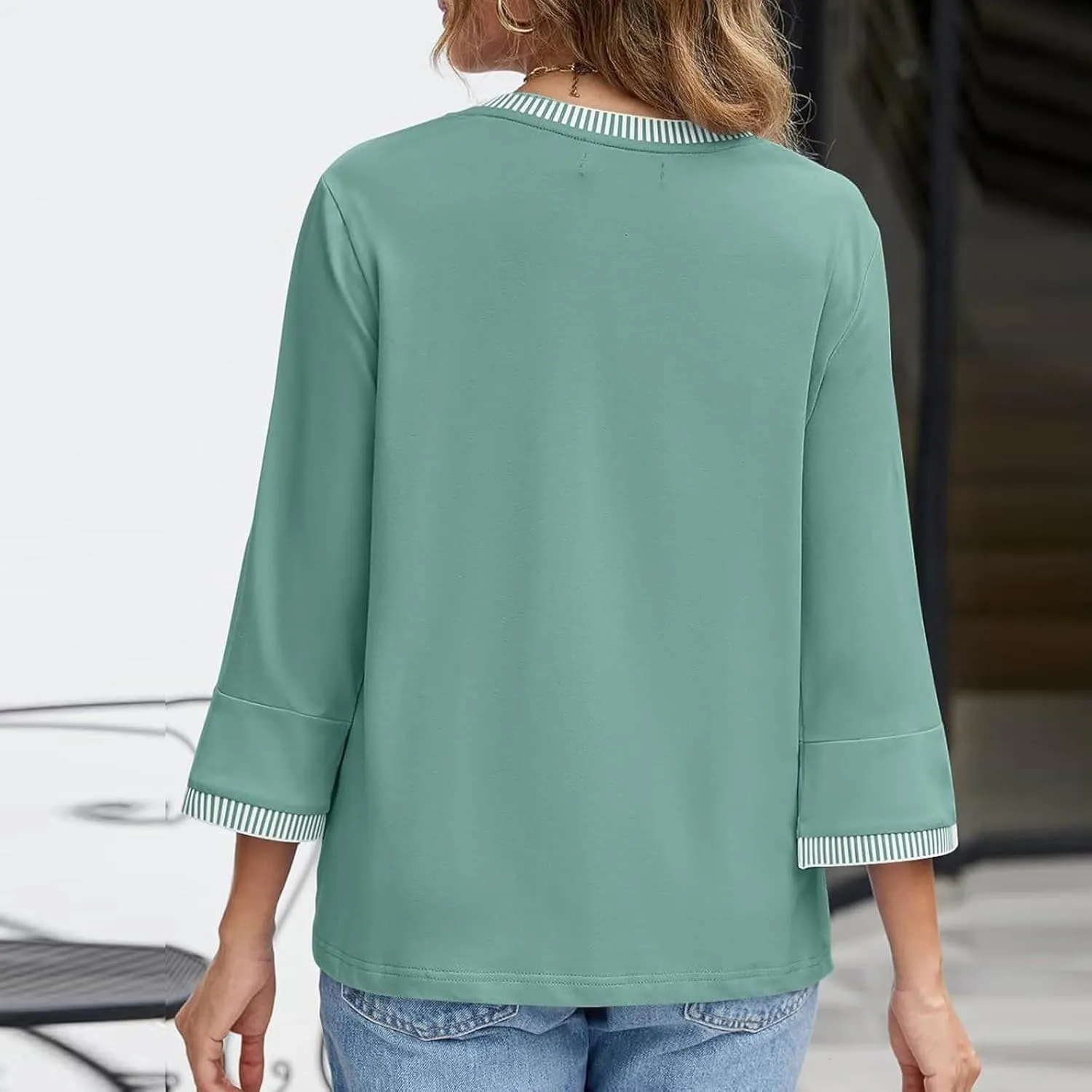 Women's 3/4 Sleeve Tops Dressy Casual Crew Neck Color Block Loose Shirts 2025 Summer Trendy Blouses Tees Blouses