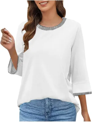 Women's 3/4 Sleeve Tops Dressy Casual Crew Neck Color Block Loose Shirts 2025 Summer Trendy Blouses Tees Blouses
