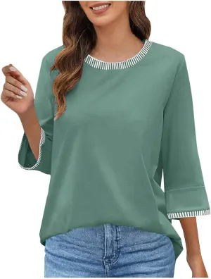 Women's 3/4 Sleeve Tops Dressy Casual Crew Neck Color Block Loose Shirts 2025 Summer Trendy Blouses Tees Blouses