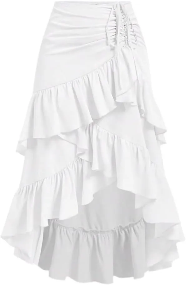 Women's Basic Casual Summer High-Low Hem Drawstring Ruffled Party Boho Lunch Long Skirt Casual Skirts