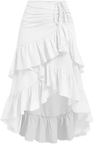 Women's Basic Casual Summer High-Low Hem Drawstring Ruffled Party Boho Lunch Long Skirt Casual Skirts