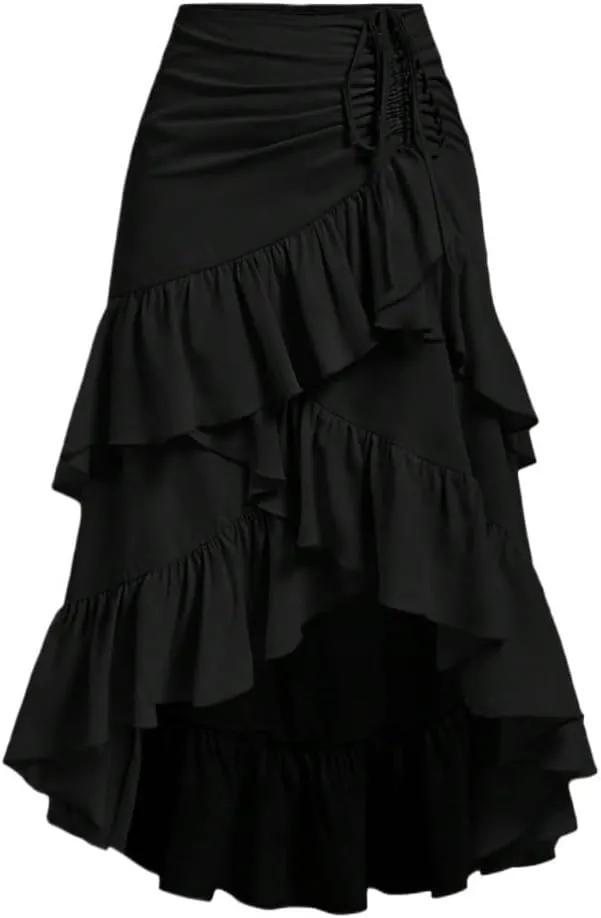 Women's Basic Summer Women's High-Low Hem Drawstring Ruffled Party Lunch Long Skirt Casual Skirts