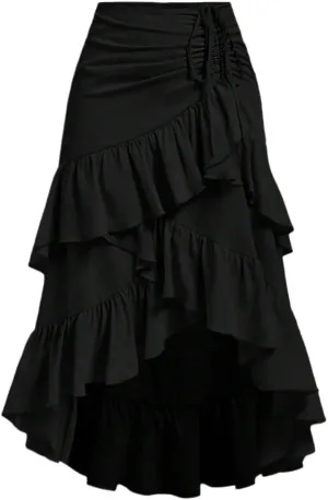 Women's Basic Summer Women's High-Low Hem Drawstring Ruffled Party Lunch Long Skirt Casual Skirts