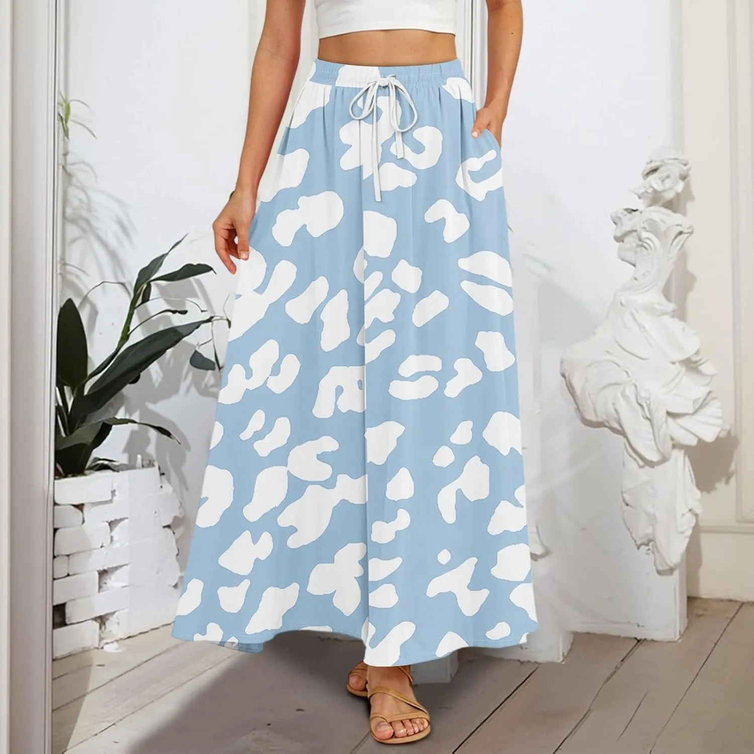 Women's Boho Floral Print Elastic Waist Beach Resort A Line Maxi Skirt with Pocket, S-2XL