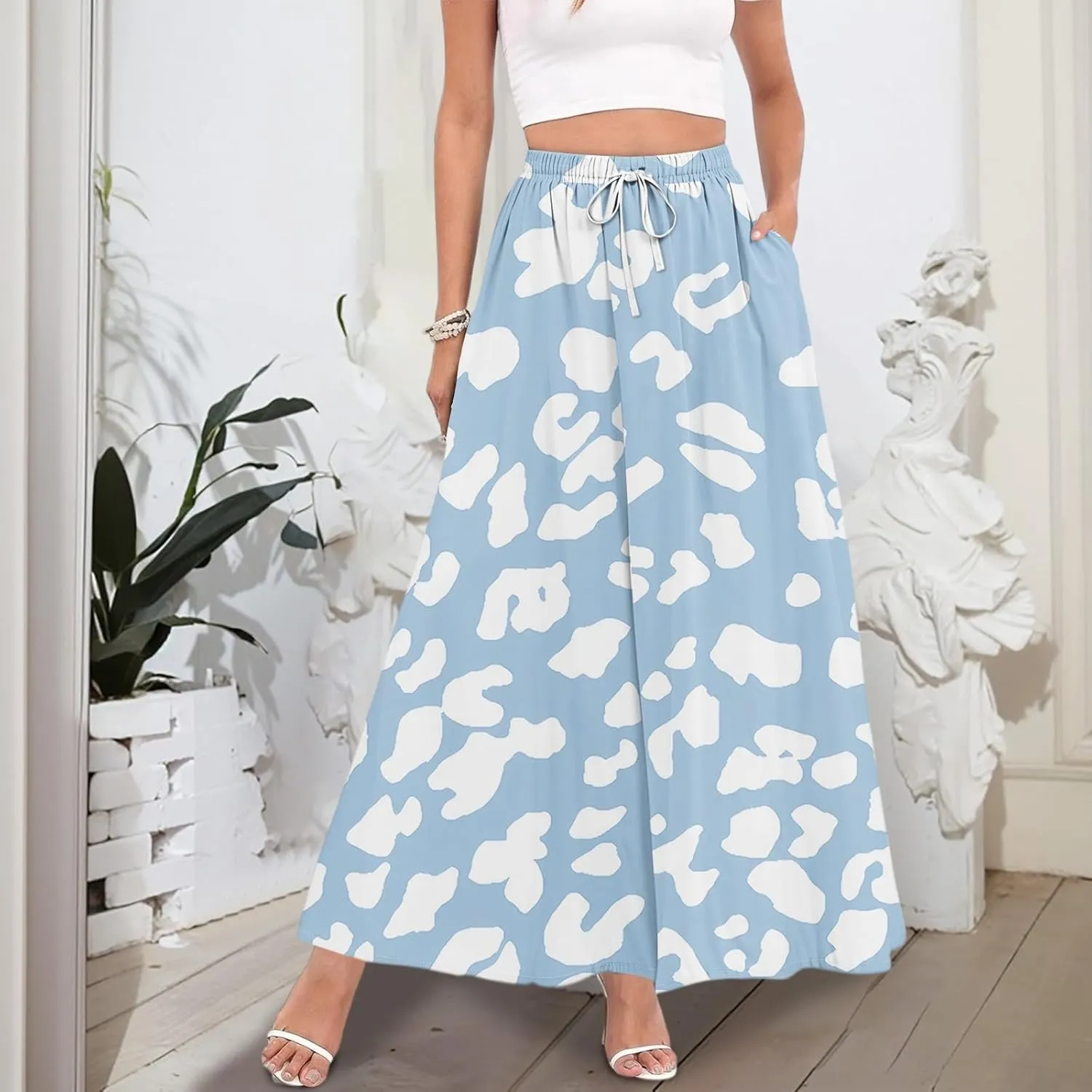 Women's Boho Floral Print Elastic Waist Beach Resort A Line Maxi Skirt with Pocket, S-2XL