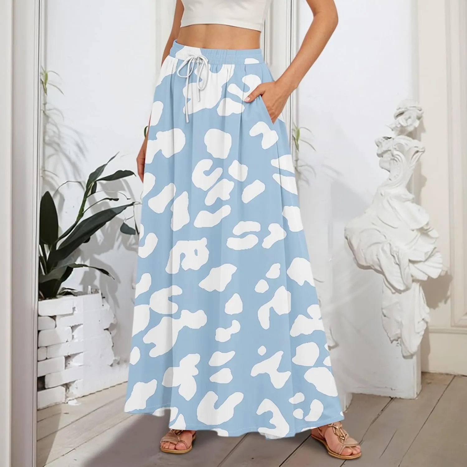 Women's Boho Floral Print Elastic Waist Beach Resort A Line Maxi Skirt with Pocket, S-2XL