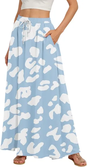 Women's Boho Floral Print Elastic Waist Beach Resort A Line Maxi Skirt with Pocket, S-2XL