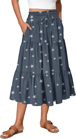 Women's Boho Skirt Floral Printing Drawstring Elastic Waist Ruched Hem Skirts Fashion Casual Vacation Skirt