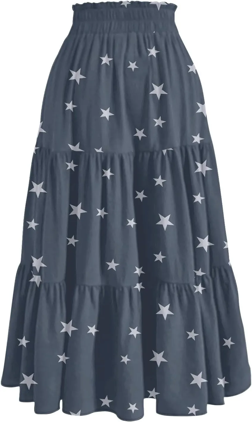 Women's Boho Skirt Floral Printing Drawstring Elastic Waist Ruched Hem Skirts Fashion Casual Vacation Skirt