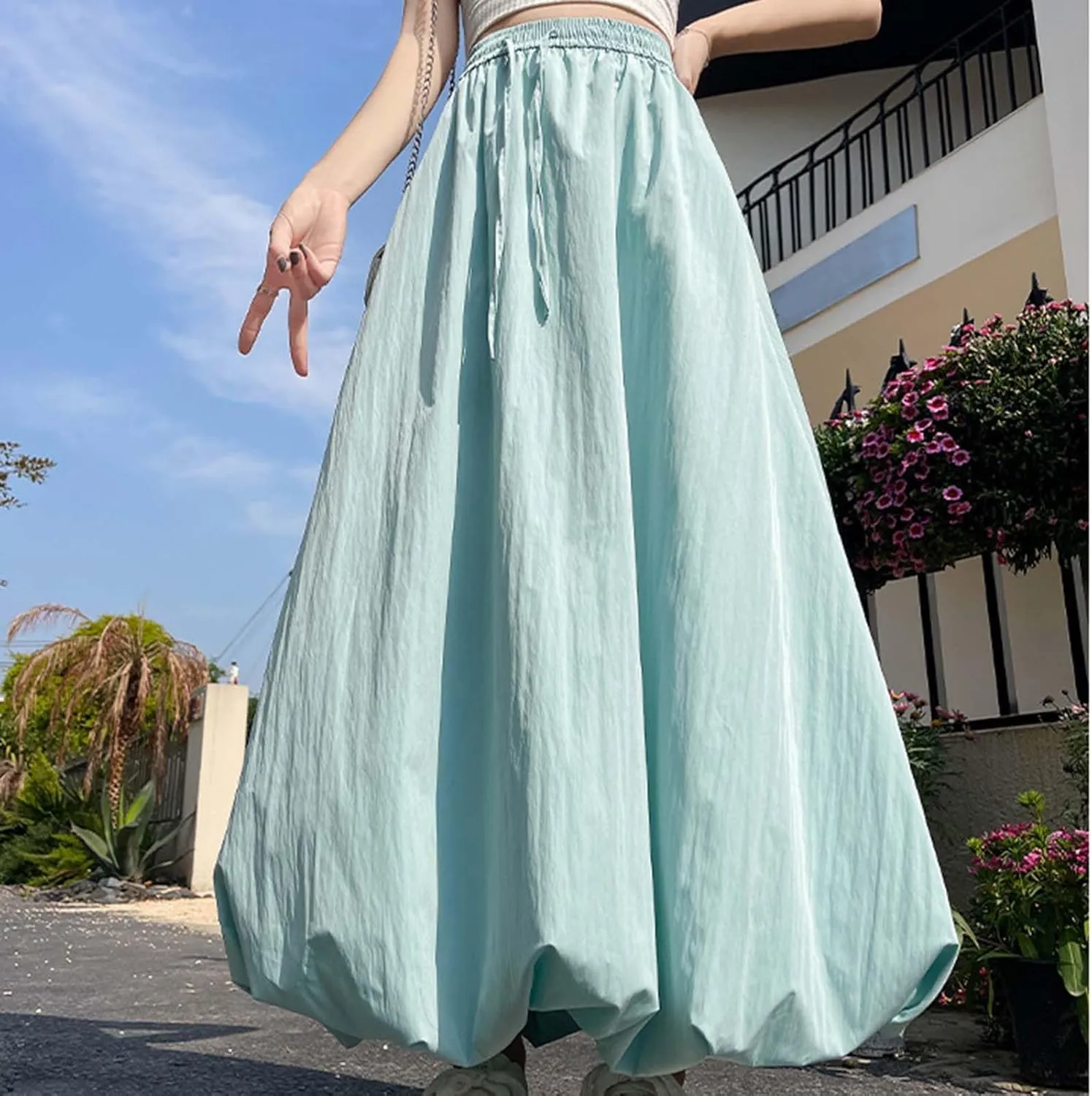 Womens Bubble Skirt Y2k Trendy Going Out High Waisted A-Line Long Skirt Ruffle Pleated Summer Casual Puff Midi Dress