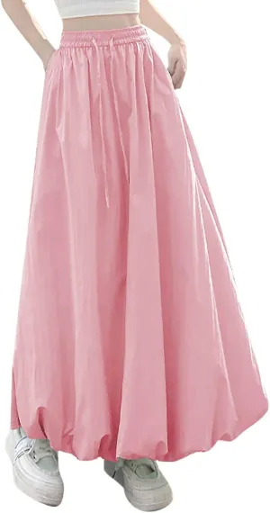 Womens Bubble Skirt Y2k Trendy Going Out High Waisted A-Line Long Skirt Ruffle Pleated Summer Casual Puff Midi Dress