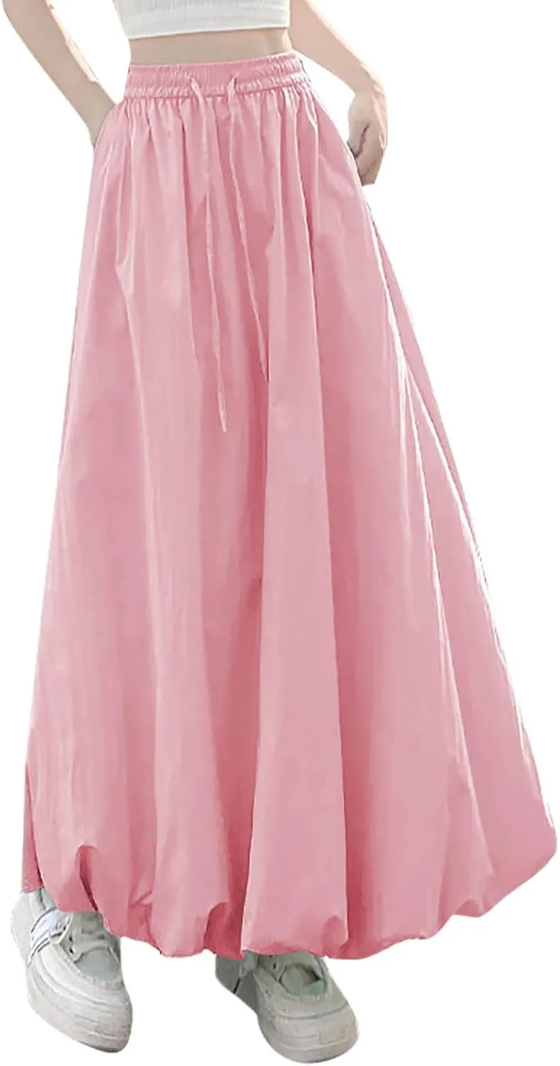 Womens Bubble Skirt Y2k Trendy Going Out High Waisted A-Line Long Skirt Ruffle Pleated Summer Casual Puff Midi Dress